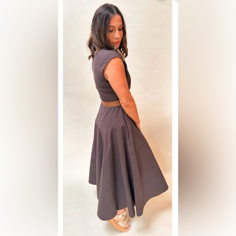 NWOT- Taylor cocoa poplin sleeveless belted midi dress - Picture 7 of 11